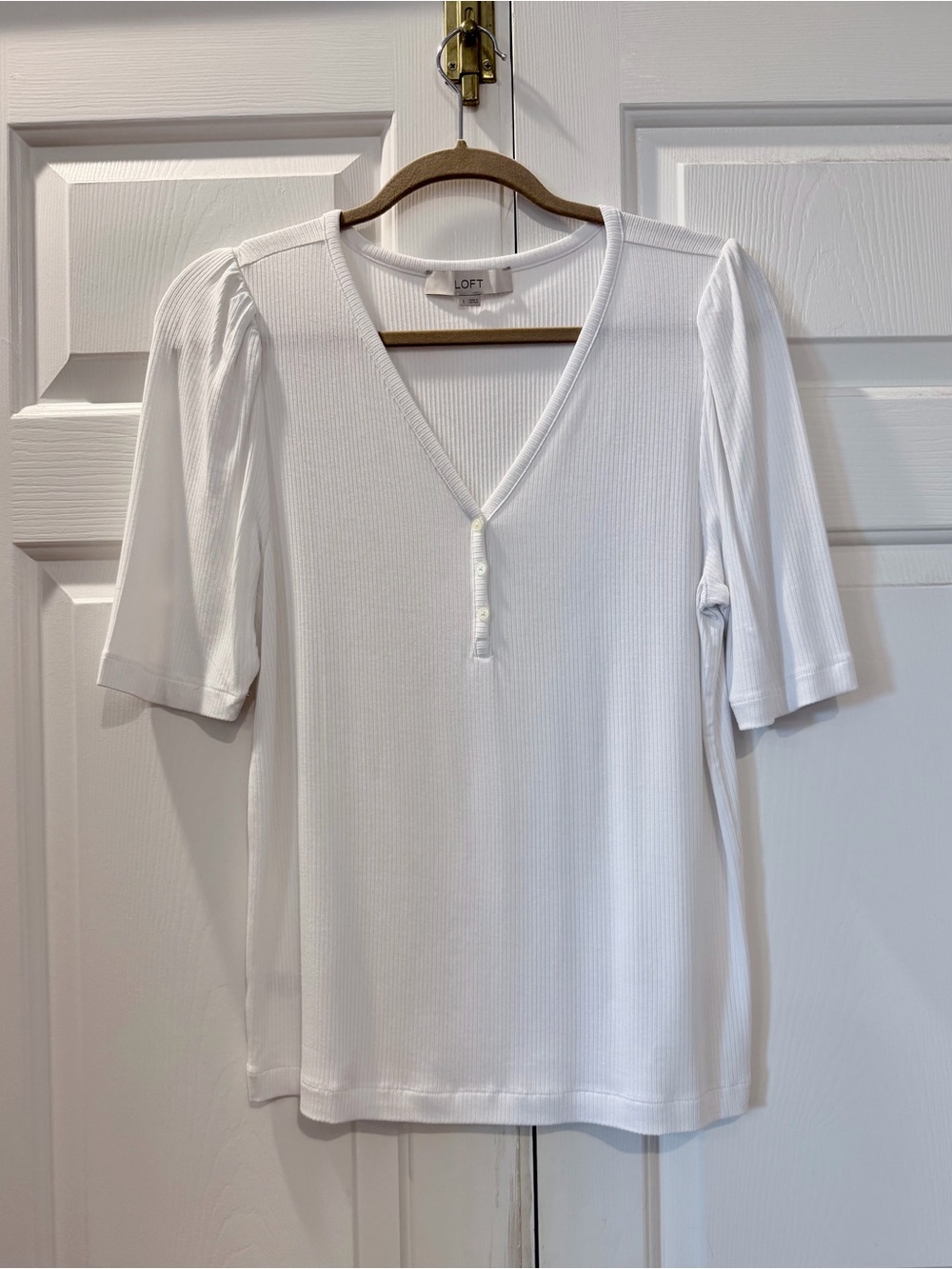 LOFT White Ribbed Henley Top Size L
